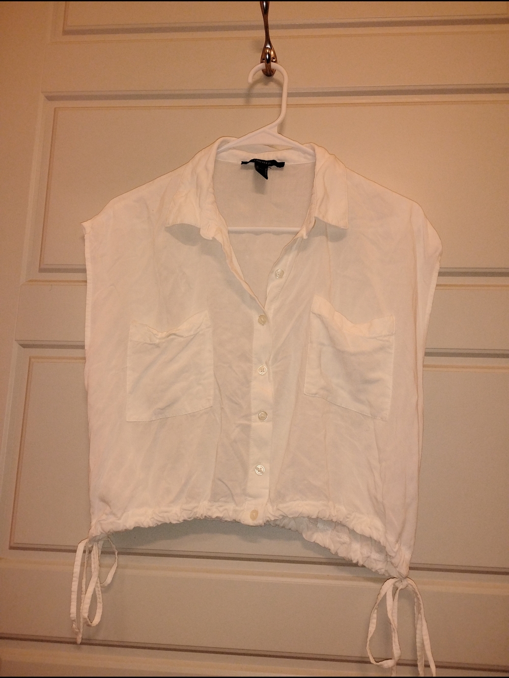 Forever 21 White Sleeveless Button-Front Crop Shirt with Drawstring Hem